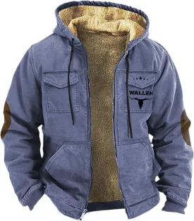 Mens Puffer Jacket Packable Jackets Double Pocket Western Cowboy 3D Printed Hooded Brown Warm Cotton Jacket Men's