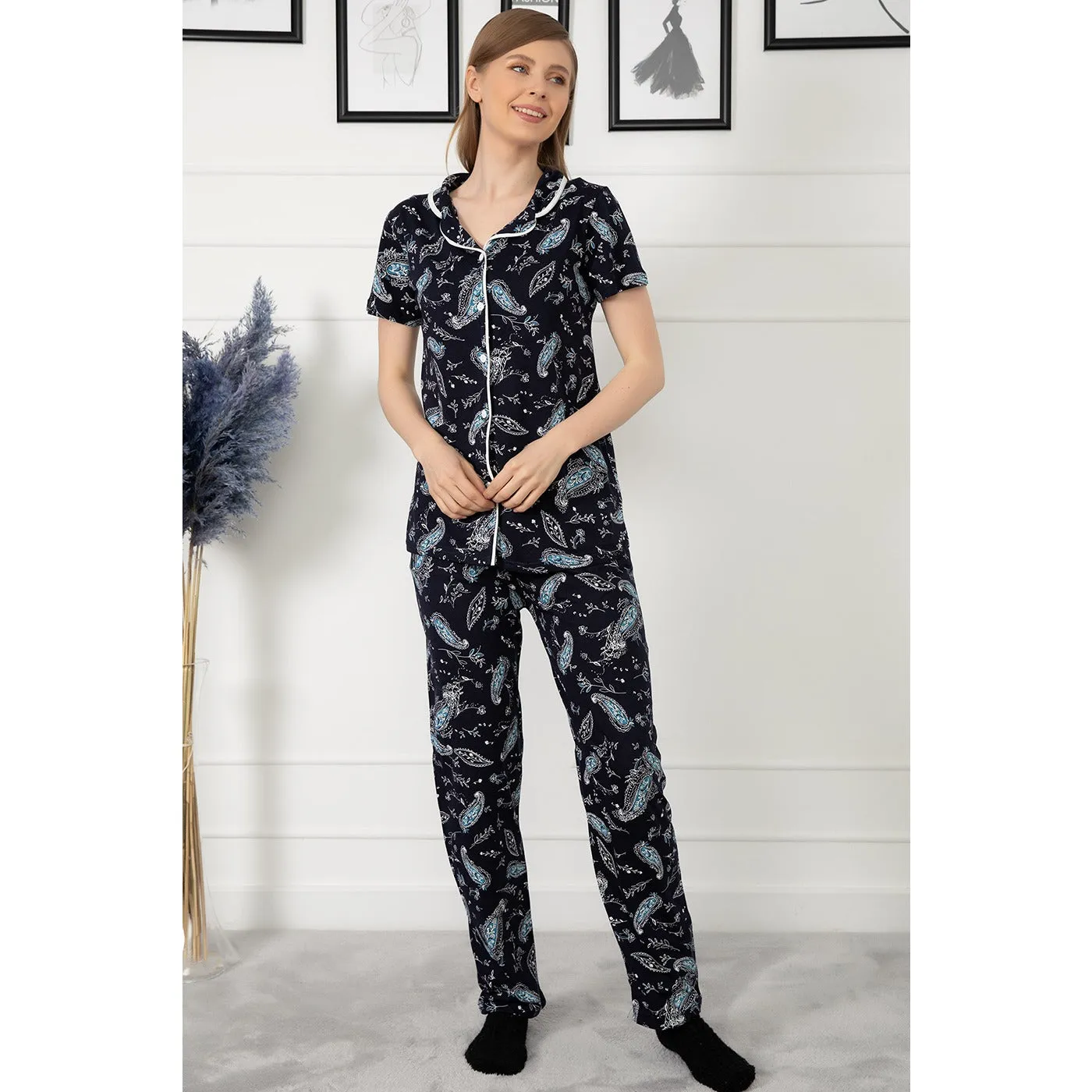 Navy Patterned Buttoned Pajamas Set