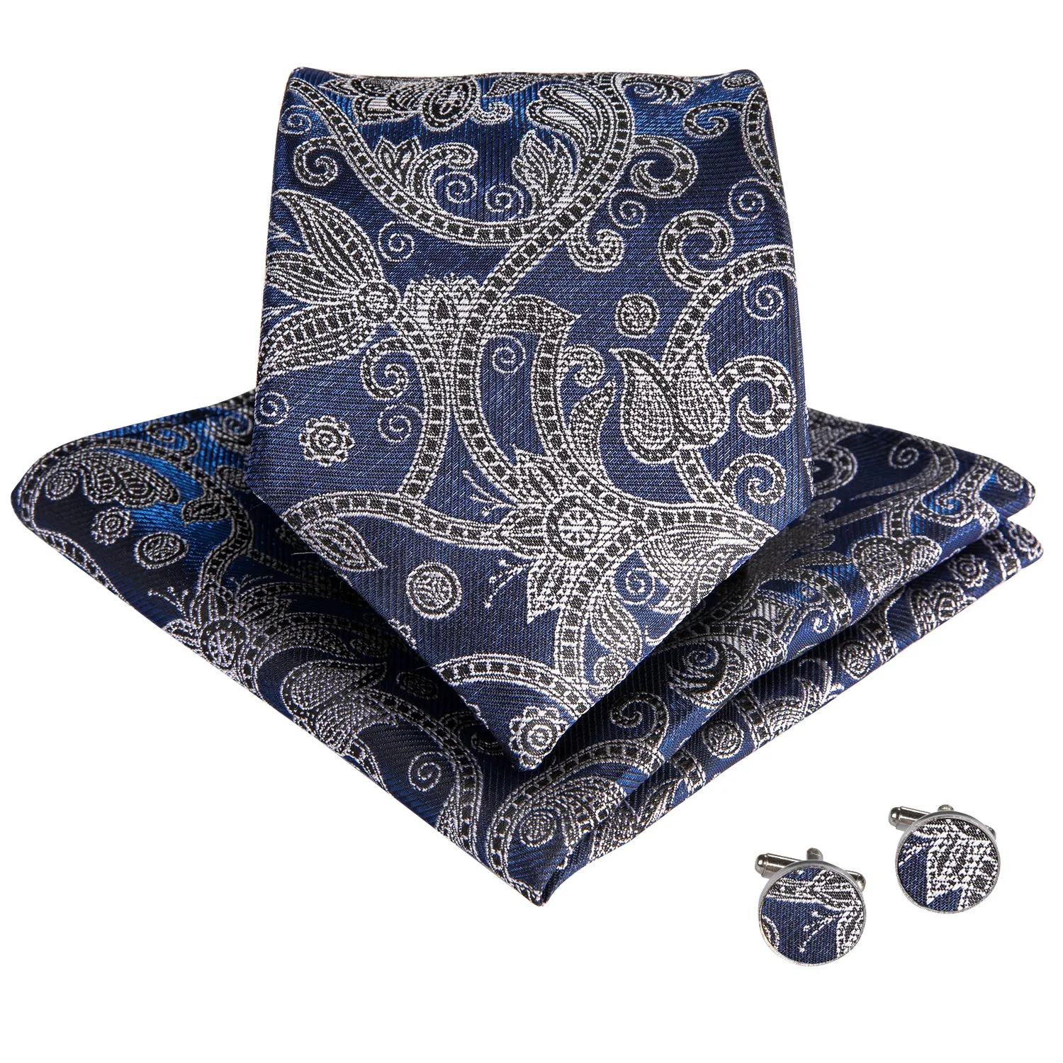 Novelty Blue Grey floral Tie Handkerchief Cufflinks Set