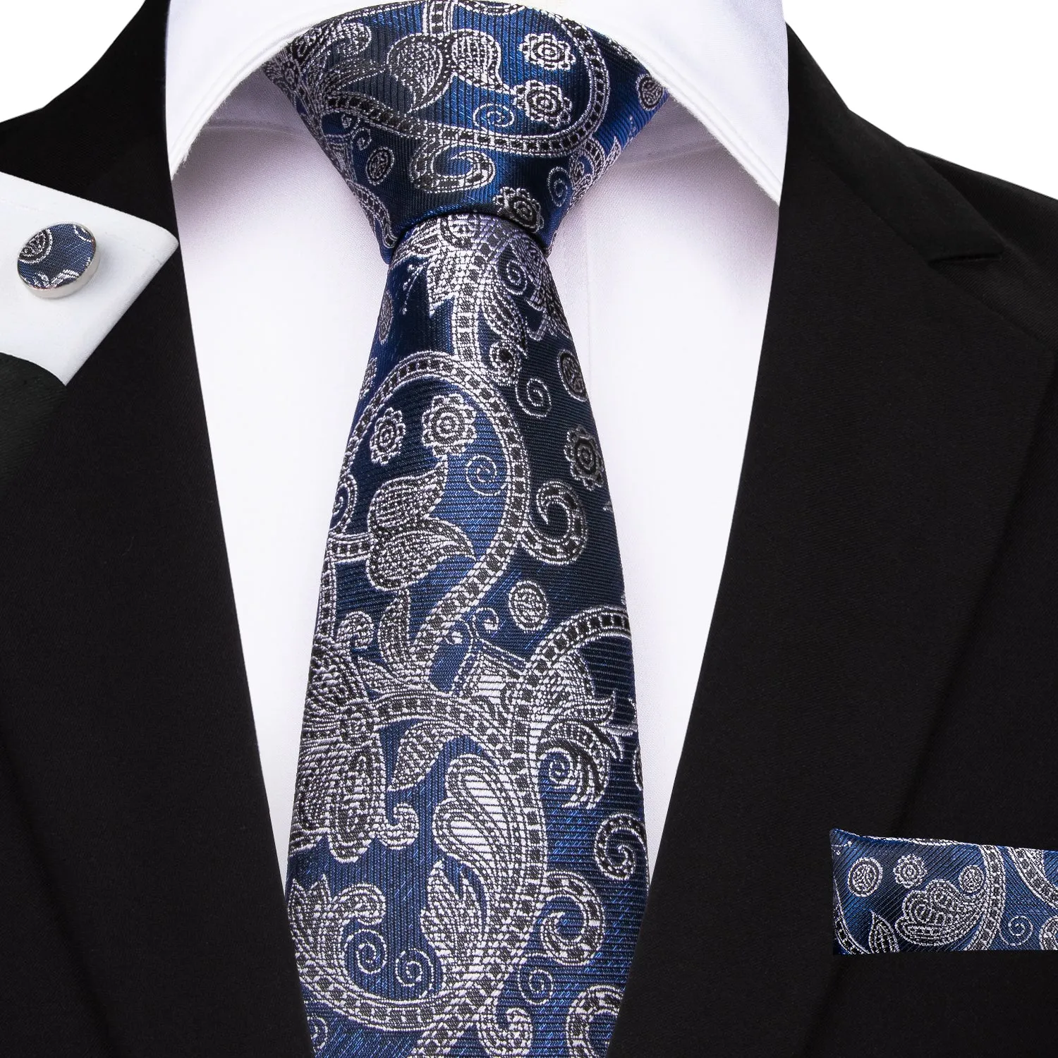 Novelty Blue Grey floral Tie Handkerchief Cufflinks Set
