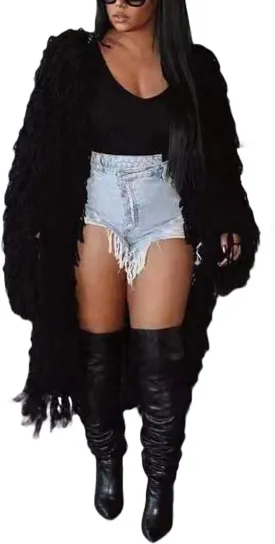 NRTHYE Women's Tassel Sweater Cardigan Open Front Cable Knit Fringe Mid Length Cardigan Sweater