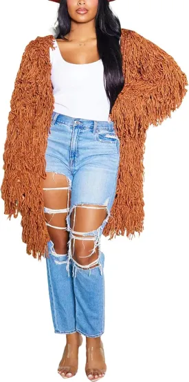 NRTHYE Women's Tassel Sweater Cardigan Open Front Cable Knit Fringe Mid Length Cardigan Sweater