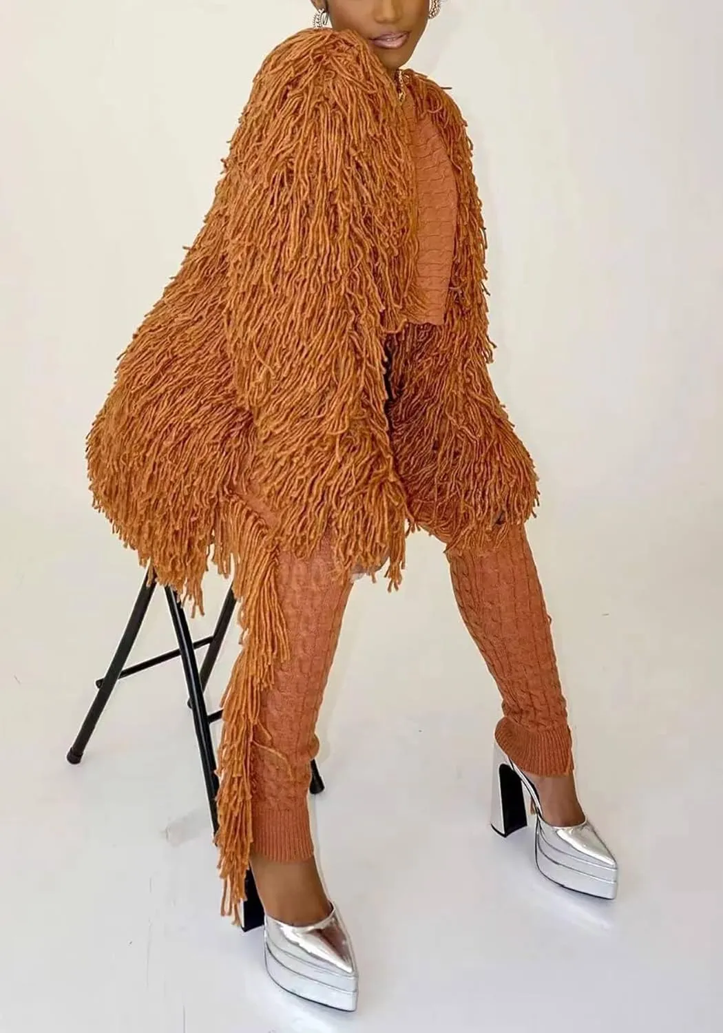 NRTHYE Women's Tassel Sweater Cardigan Open Front Cable Knit Fringe Mid Length Cardigan Sweater
