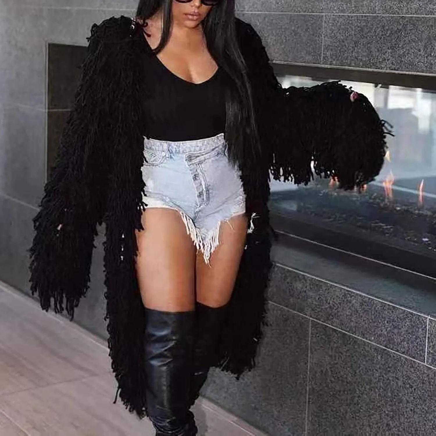 NRTHYE Women's Tassel Sweater Cardigan Open Front Cable Knit Fringe Mid Length Cardigan Sweater