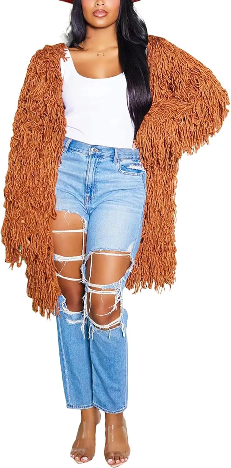NRTHYE Women's Tassel Sweater Cardigan Open Front Cable Knit Fringe Mid Length Cardigan Sweater