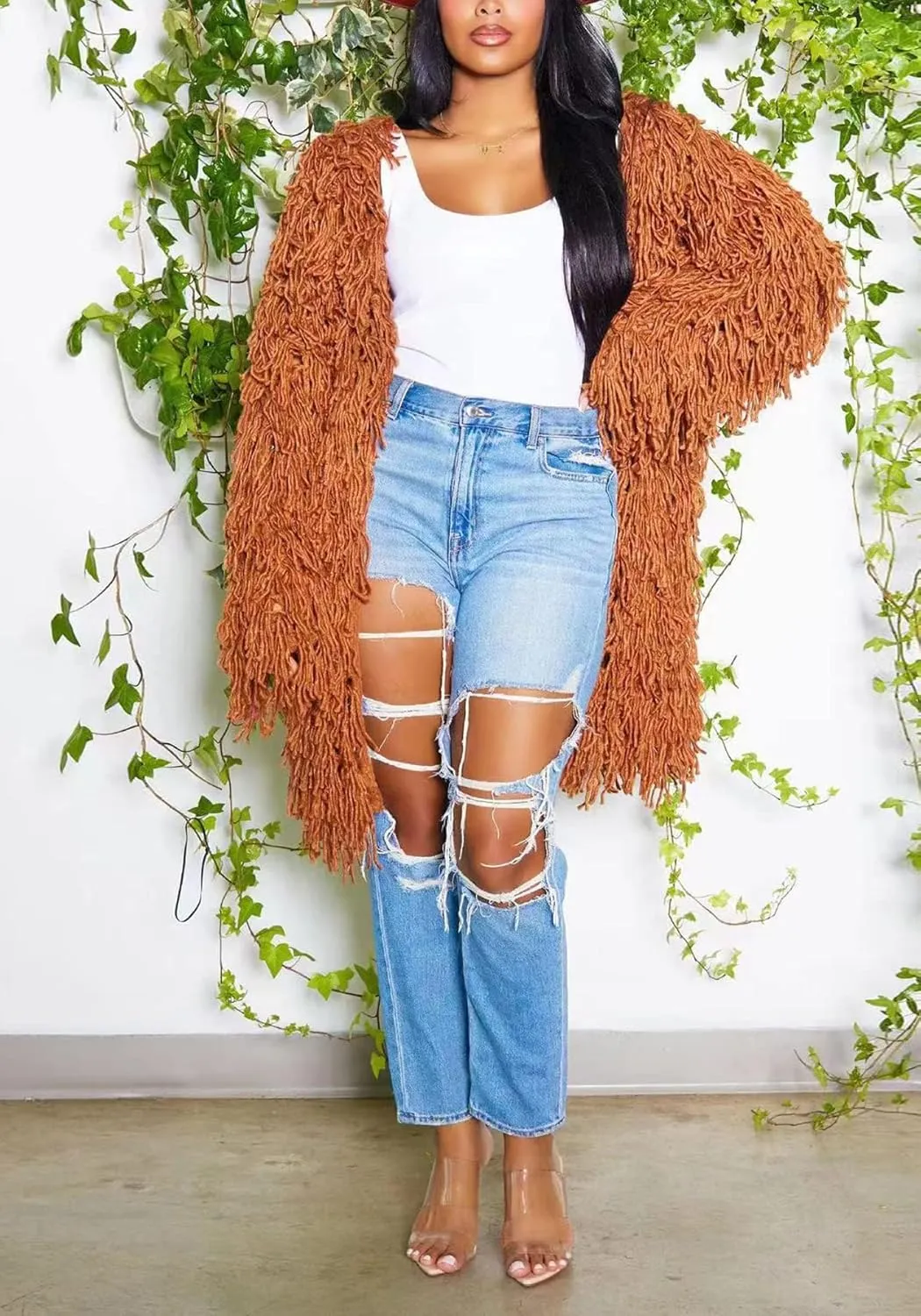 NRTHYE Women's Tassel Sweater Cardigan Open Front Cable Knit Fringe Mid Length Cardigan Sweater