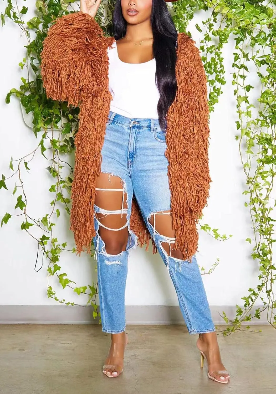 NRTHYE Women's Tassel Sweater Cardigan Open Front Cable Knit Fringe Mid Length Cardigan Sweater