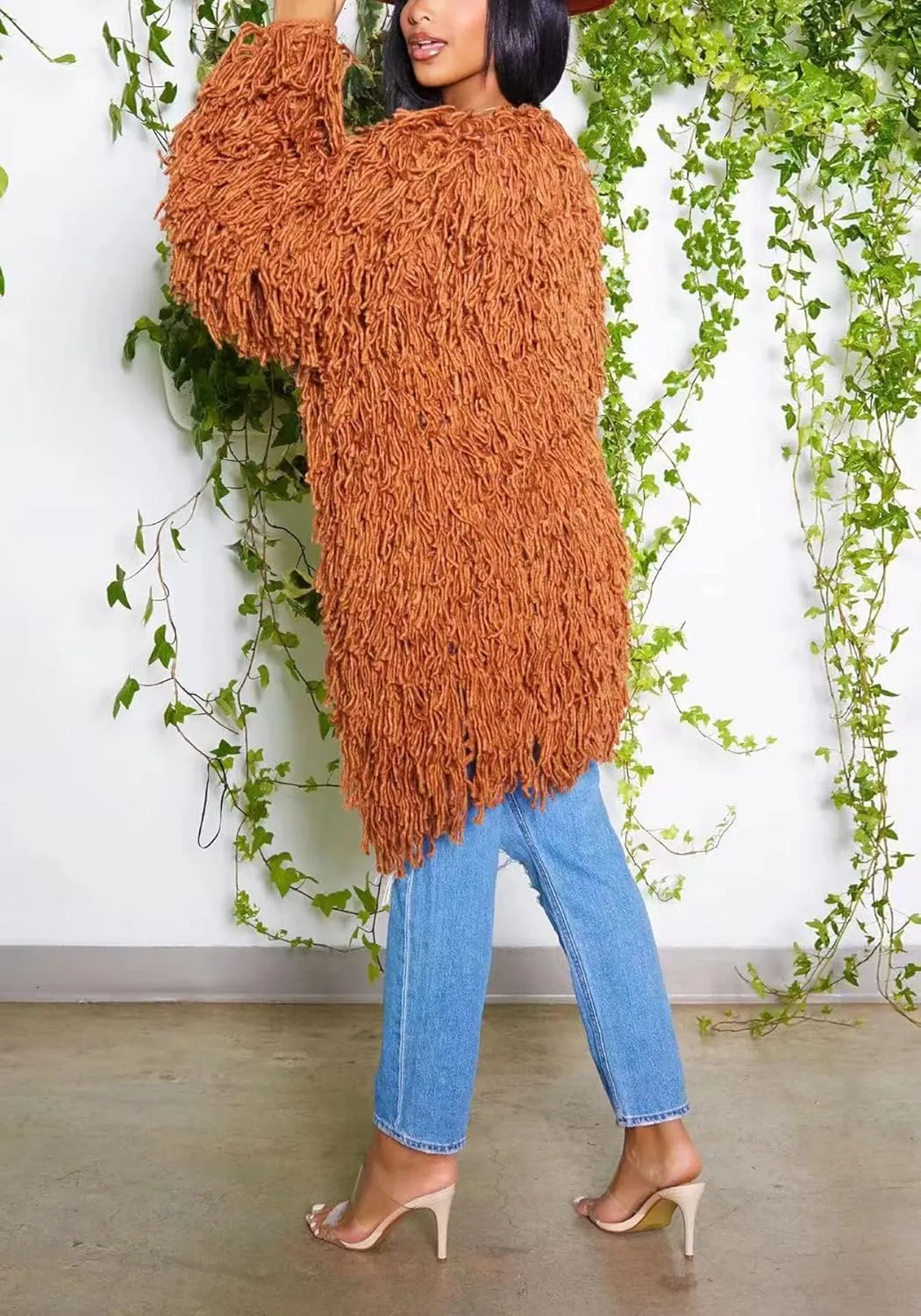 NRTHYE Women's Tassel Sweater Cardigan Open Front Cable Knit Fringe Mid Length Cardigan Sweater