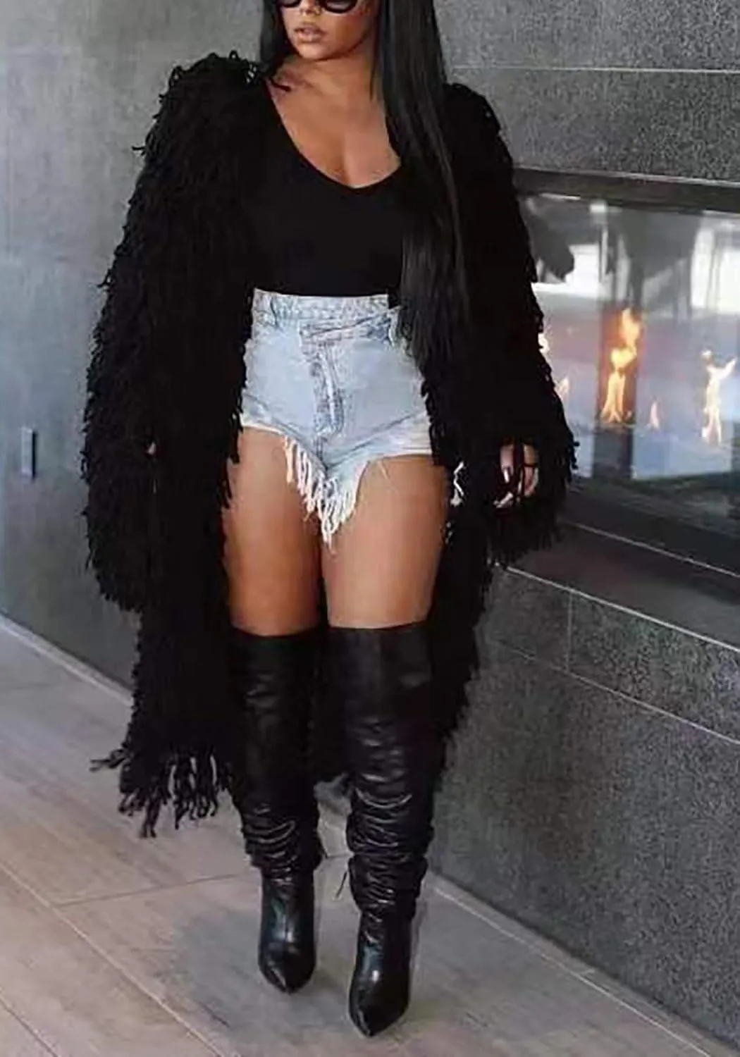NRTHYE Women's Tassel Sweater Cardigan Open Front Cable Knit Fringe Mid Length Cardigan Sweater