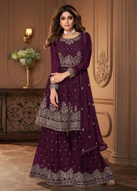 Peplum Designed Plum Embroidered Sharara Suit
