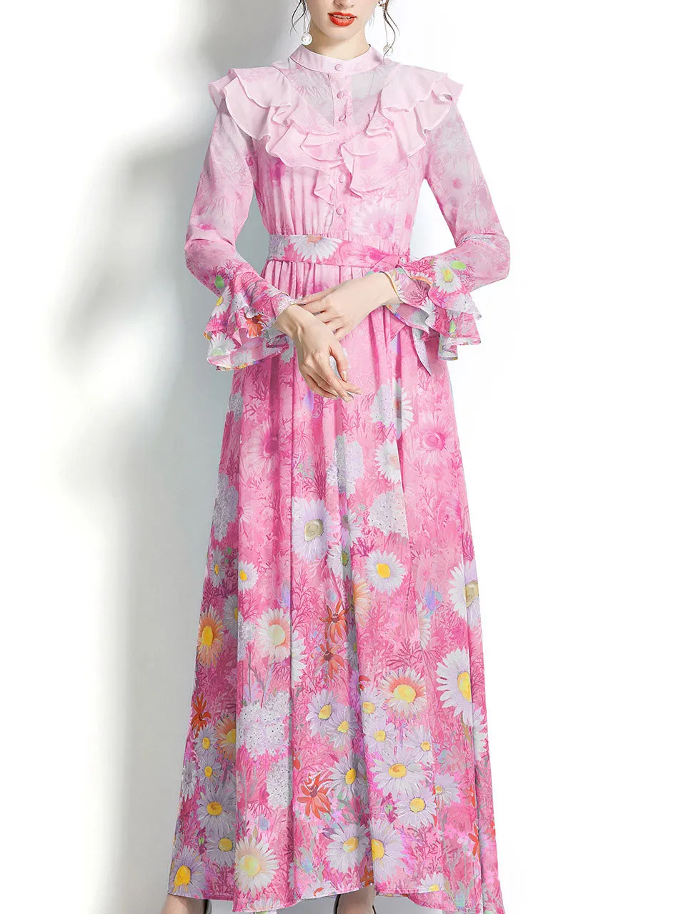 Pink Flower Ruffles Neck Floral Print Trumpet Sleeve Bohemian Dress Maxi Dress