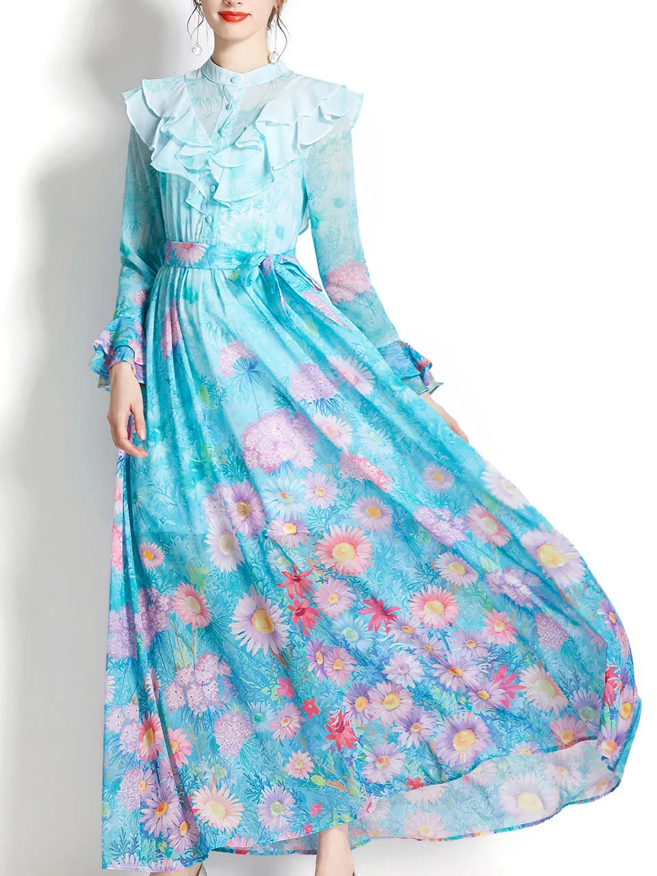 Pink Flower Ruffles Neck Floral Print Trumpet Sleeve Bohemian Dress Maxi Dress
