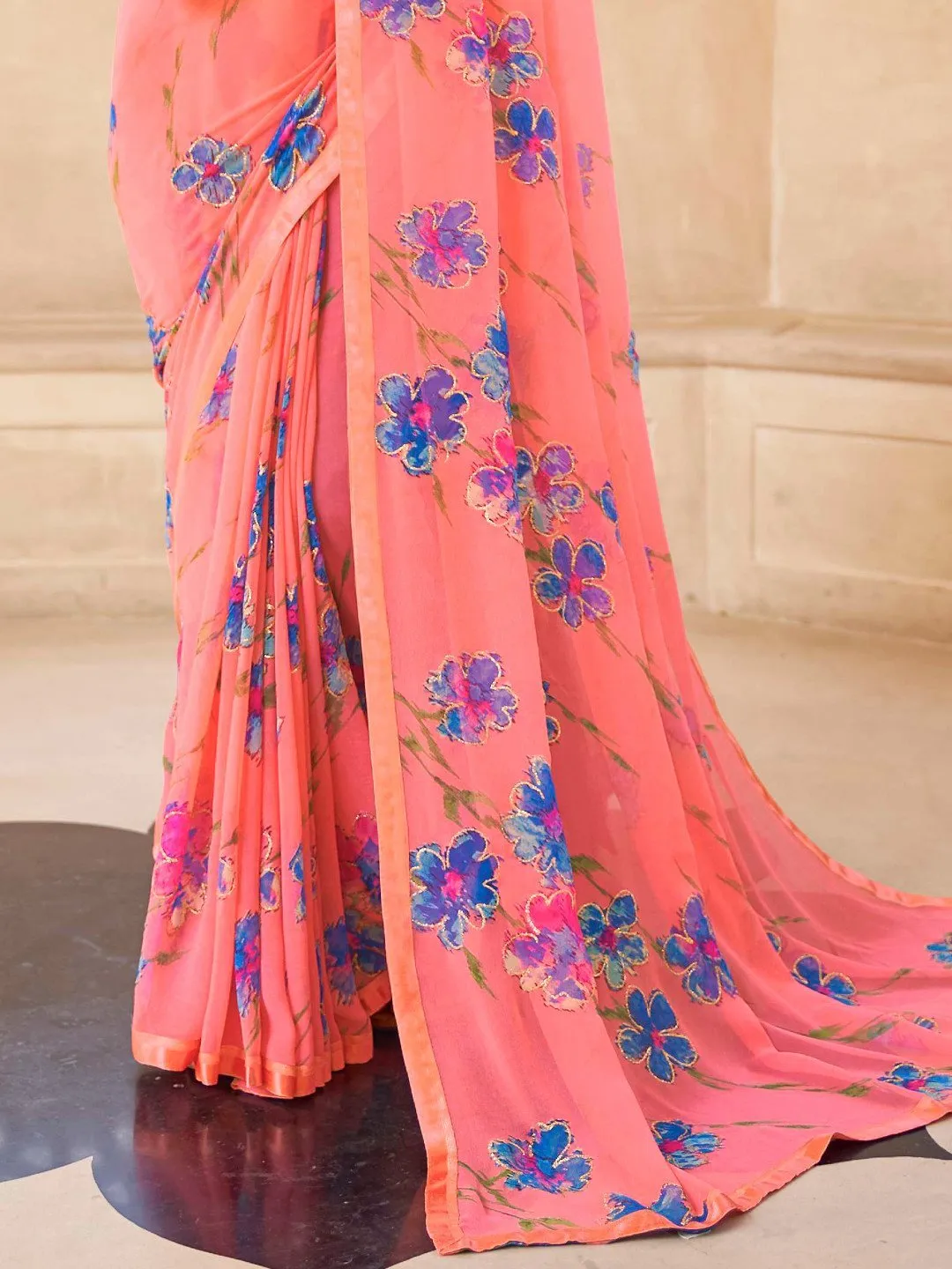 Pink Printed Georgette Sarees with Lace for Women