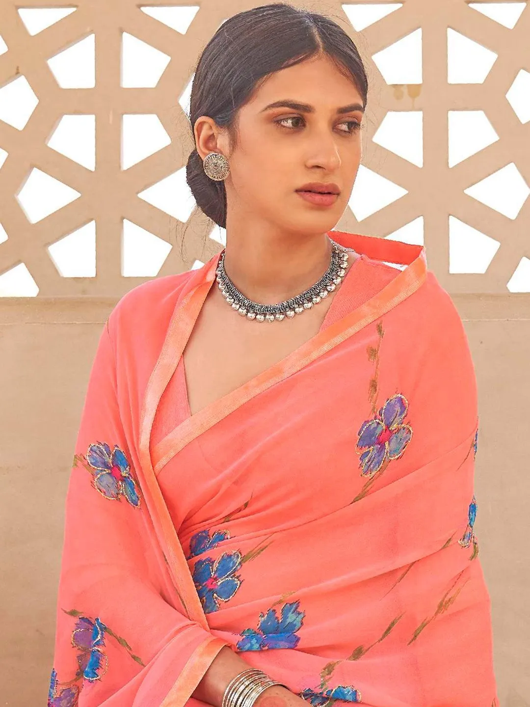 Pink Printed Georgette Sarees with Lace for Women