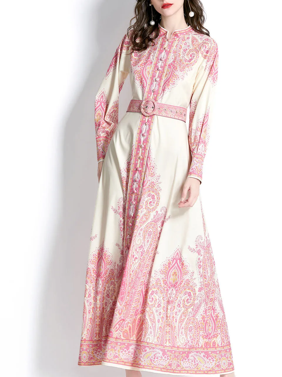 Pink Stand Collar Floral Printed Boho Dress Maxi Dress