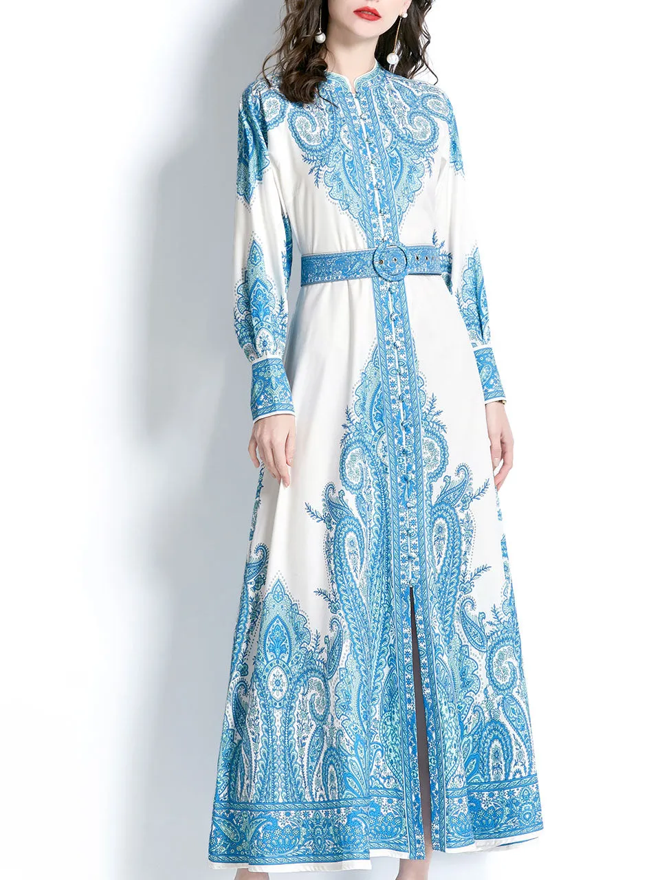 Pink Stand Collar Floral Printed Boho Dress Maxi Dress