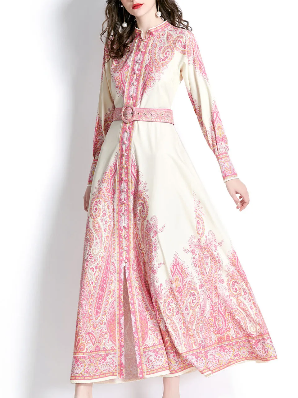 Pink Stand Collar Floral Printed Boho Dress Maxi Dress