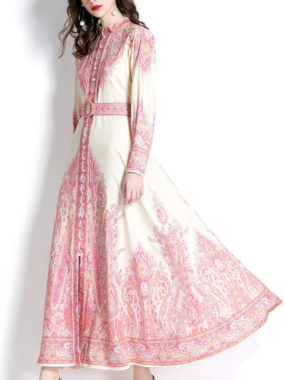 Pink Stand Collar Floral Printed Boho Dress Maxi Dress