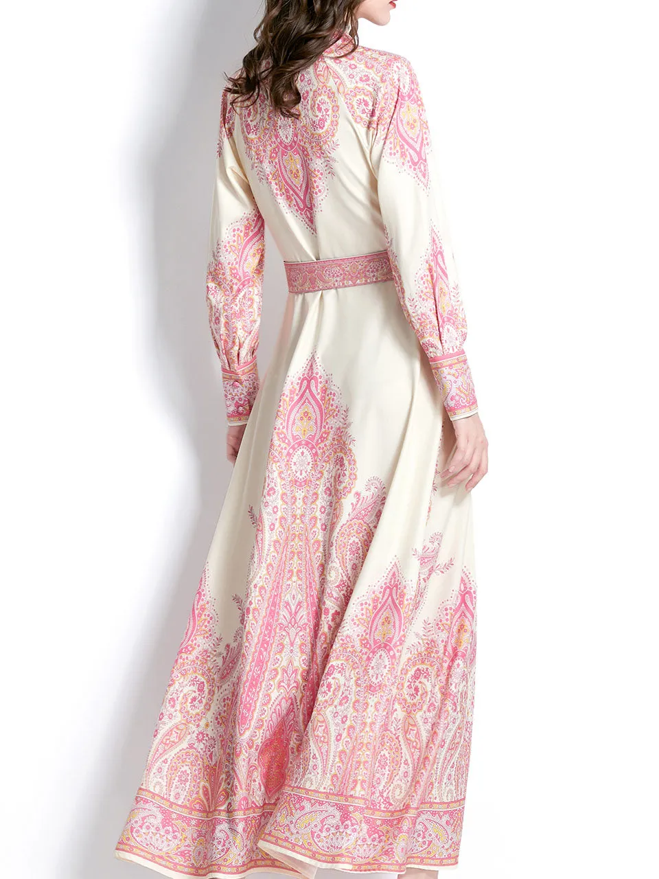 Pink Stand Collar Floral Printed Boho Dress Maxi Dress