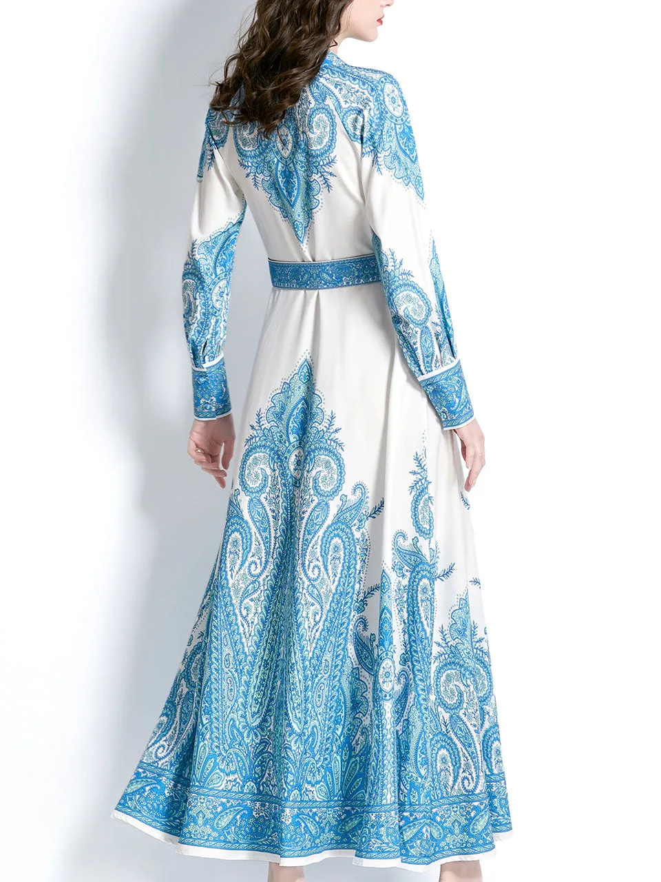 Pink Stand Collar Floral Printed Boho Dress Maxi Dress