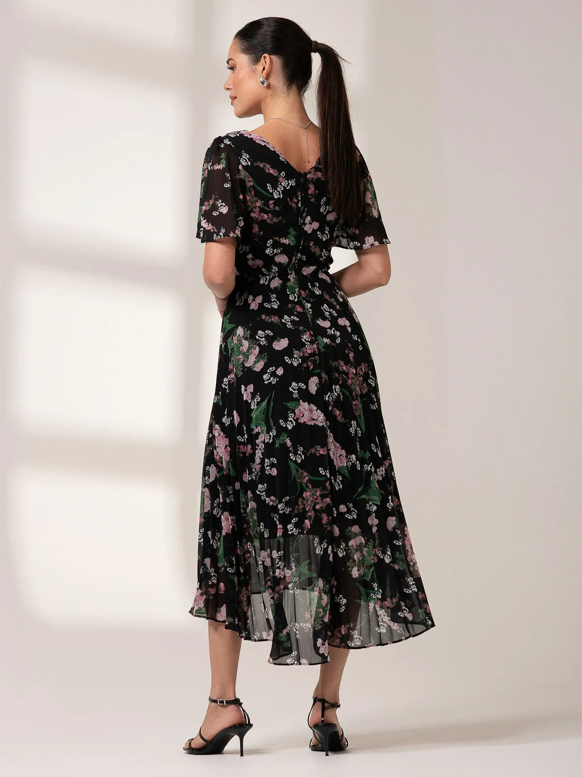 Pleated Dip Hem Chiffon Maxi Dress
