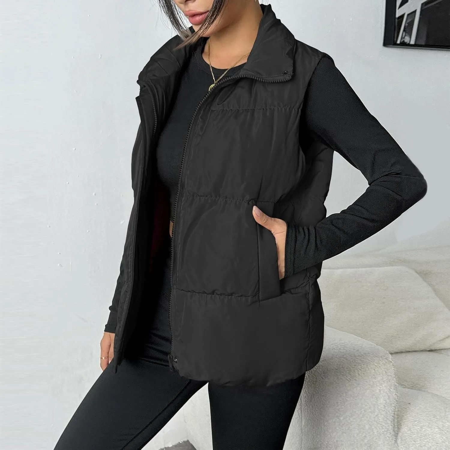 Puffer Vest Women Lightweight Zip Up Jackets with Pockets Fall Casual Stand Collar Padded Quilted Waistcoat Vest