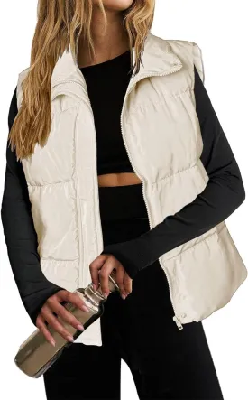 Puffer Vest Women Lightweight Zip Up Jackets with Pockets Fall Casual Stand Collar Padded Quilted Waistcoat Vest