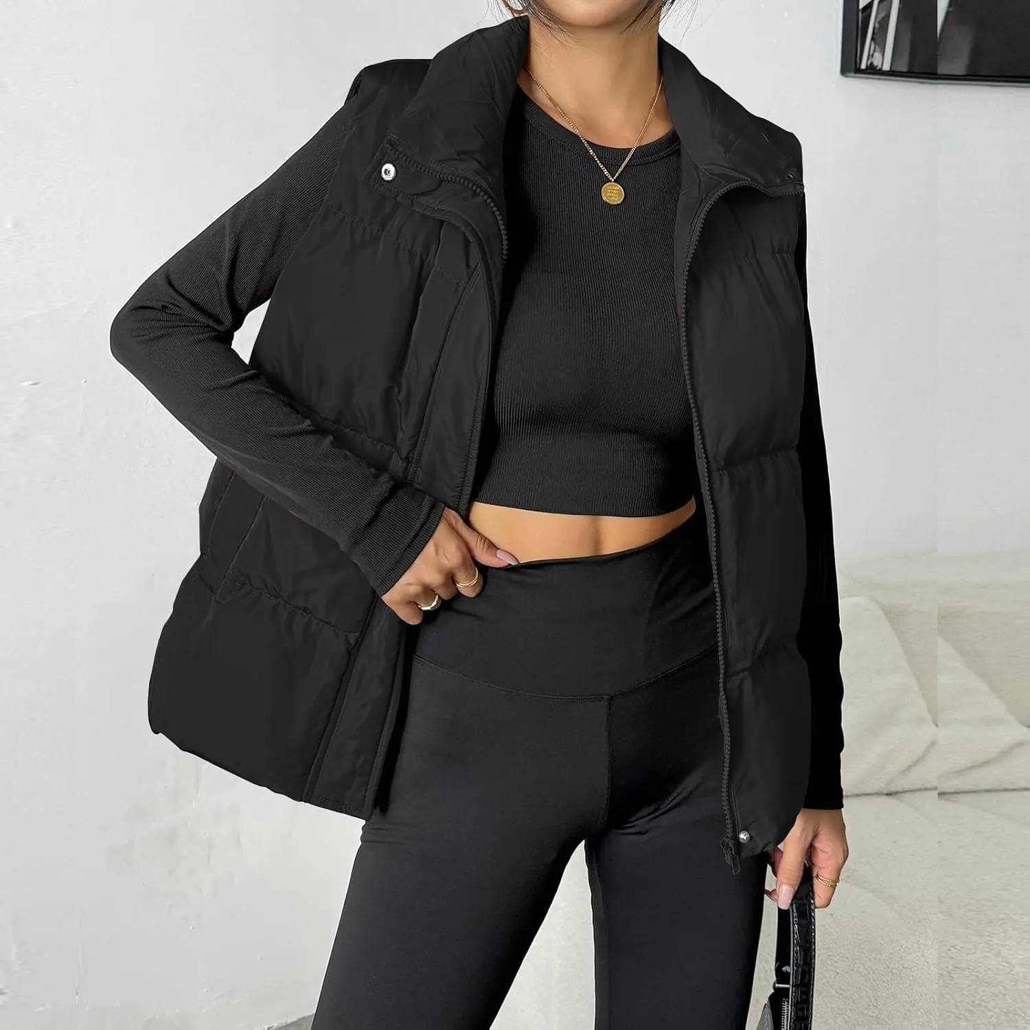 Puffer Vest Women Lightweight Zip Up Jackets with Pockets Fall Casual Stand Collar Padded Quilted Waistcoat Vest