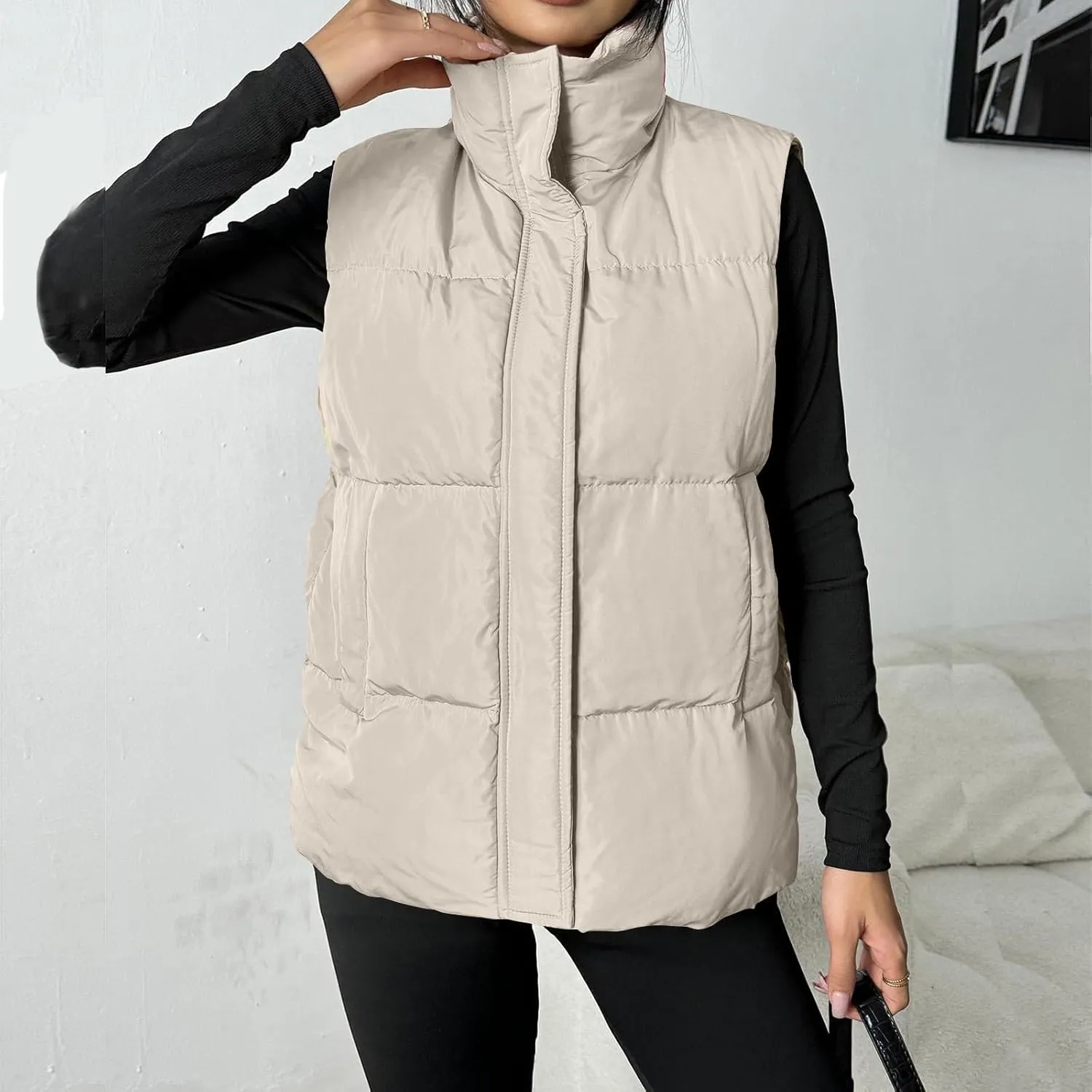 Puffer Vest Women Lightweight Zip Up Jackets with Pockets Fall Casual Stand Collar Padded Quilted Waistcoat Vest