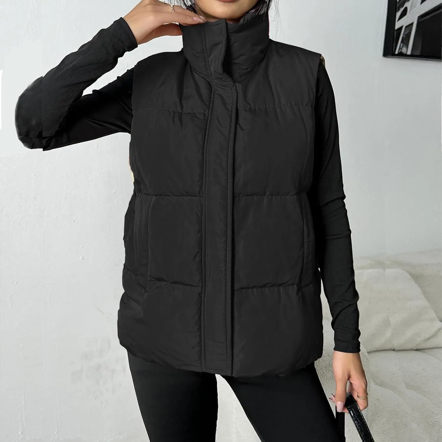 Puffer Vest Women Lightweight Zip Up Jackets with Pockets Fall Casual Stand Collar Padded Quilted Waistcoat Vest