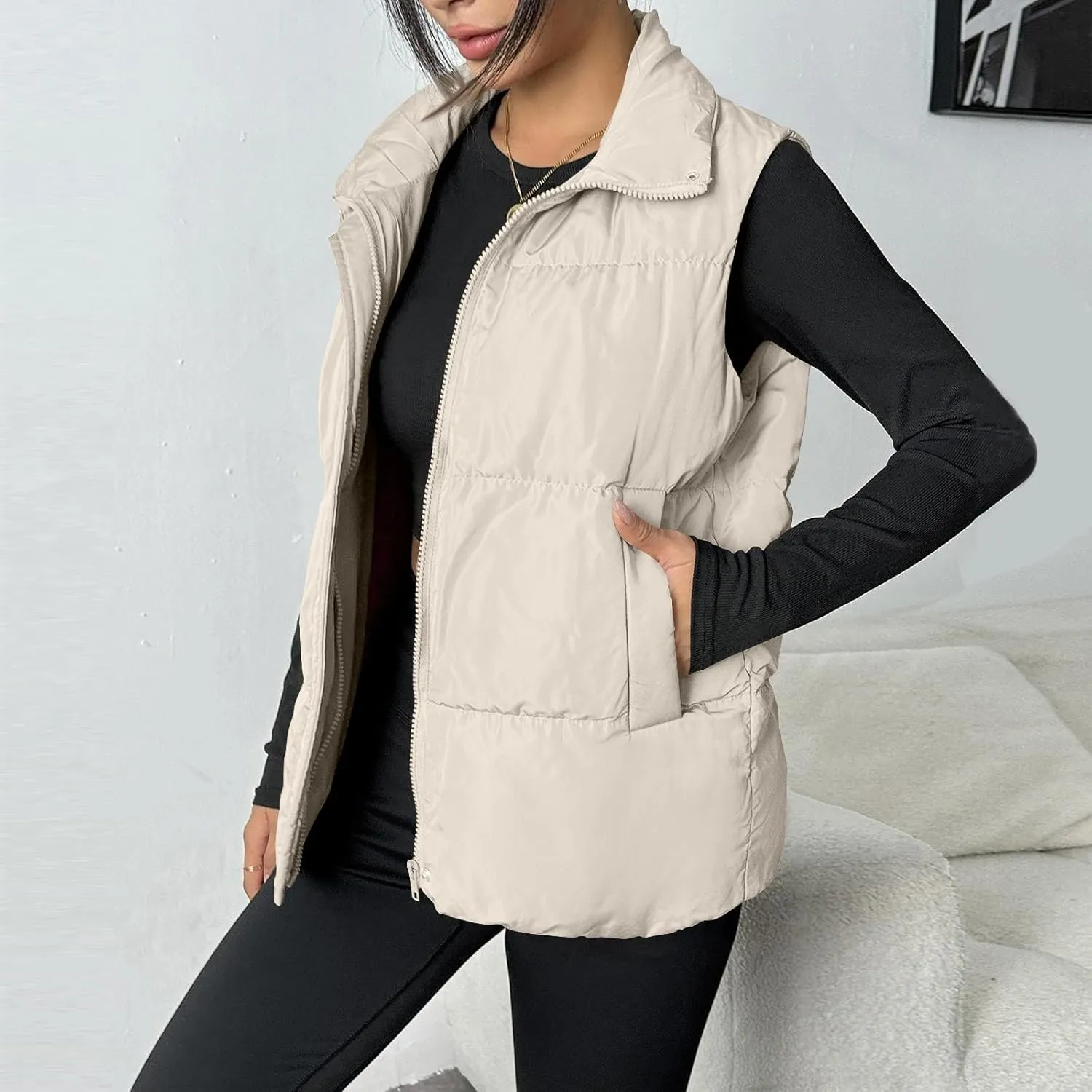 Puffer Vest Women Lightweight Zip Up Jackets with Pockets Fall Casual Stand Collar Padded Quilted Waistcoat Vest