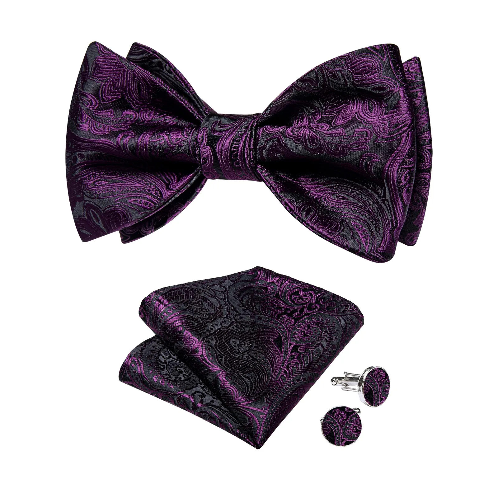 Purple Floral Self-Bowtie Pocket Square Cufflinks Set