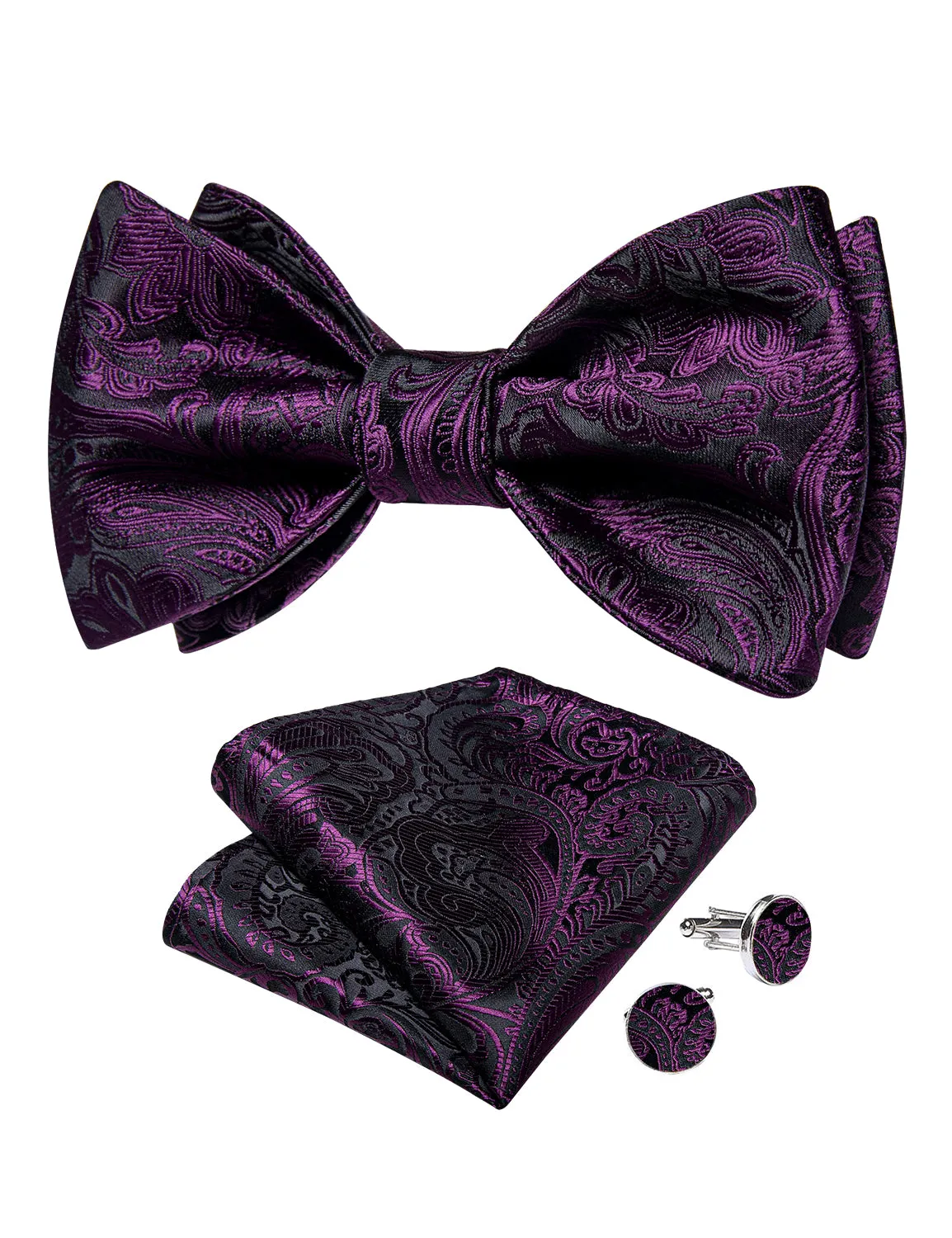 Purple Floral Self-Bowtie Pocket Square Cufflinks Set