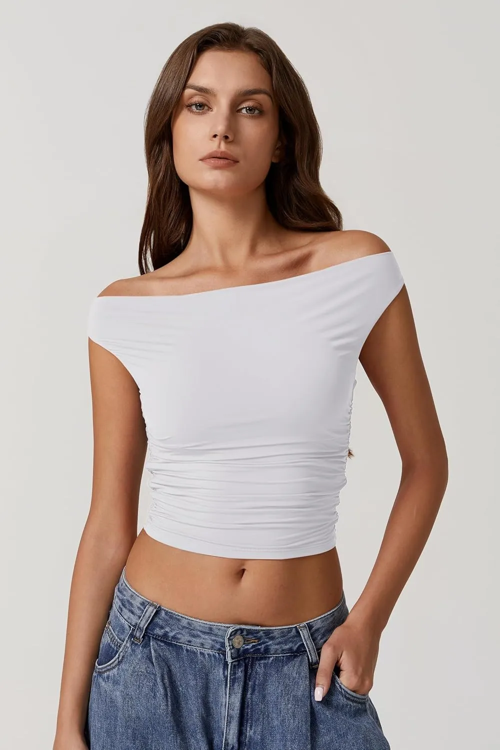 QINSEN Women's Cowl Neck Top Sleeveless Ruched Double Lined Crop Top Y2k T Shirts