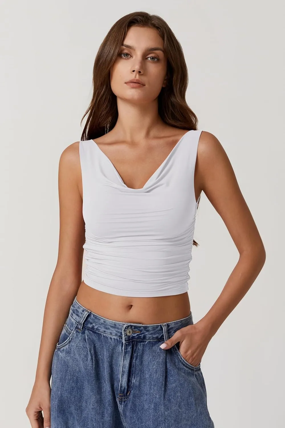 QINSEN Women's Cowl Neck Top Sleeveless Ruched Double Lined Crop Top Y2k T Shirts