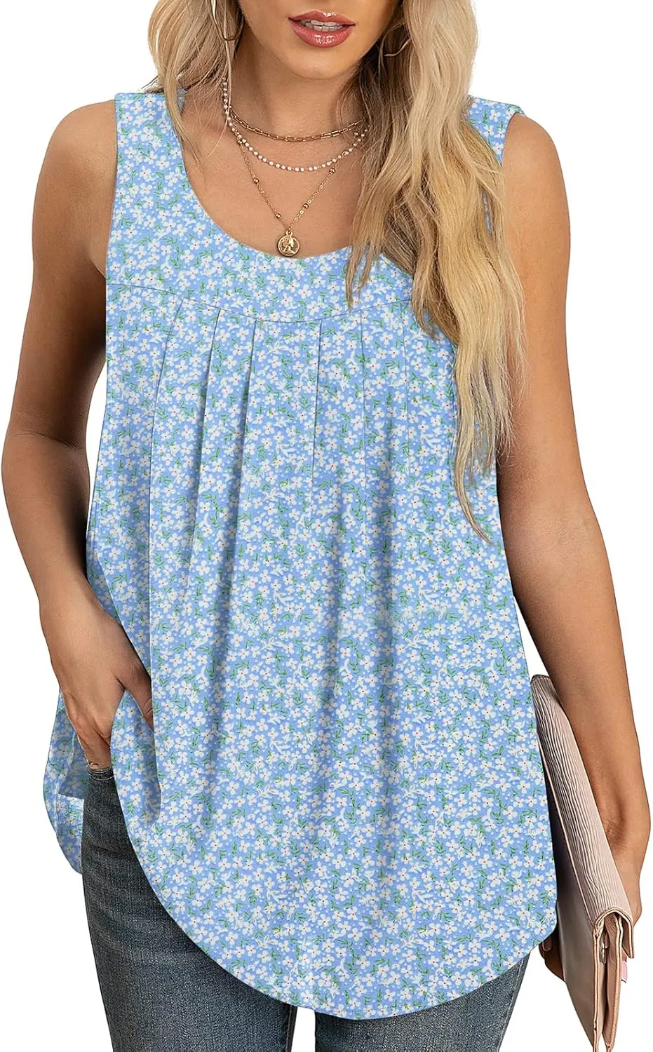 QUEZHU Women's Summer Blouses and Tops 2025 Double Layers Chiffon Blouses Tank Loose Fit Round Neck Sleeveless Tunic