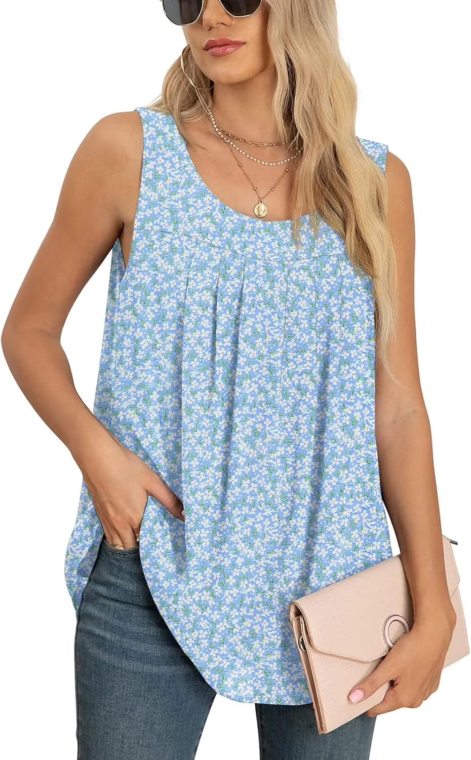 QUEZHU Women's Summer Blouses and Tops 2025 Double Layers Chiffon Blouses Tank Loose Fit Round Neck Sleeveless Tunic