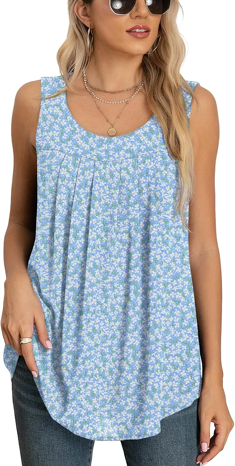 QUEZHU Women's Summer Blouses and Tops 2025 Double Layers Chiffon Blouses Tank Loose Fit Round Neck Sleeveless Tunic