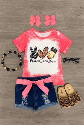 "Peace Love Learn" Pink Distressed Denim Short Set