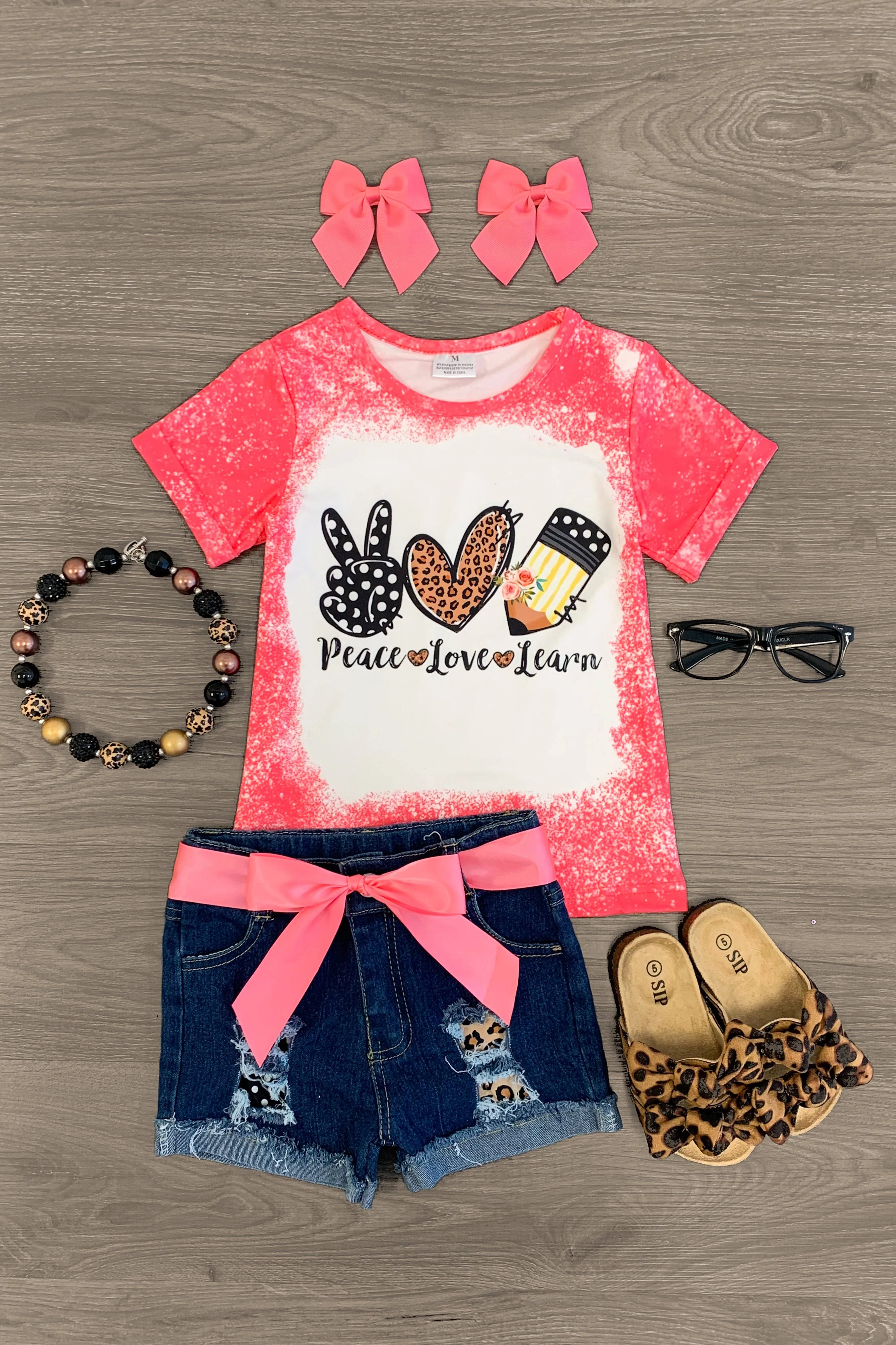 "Peace Love Learn" Pink Distressed Denim Short Set