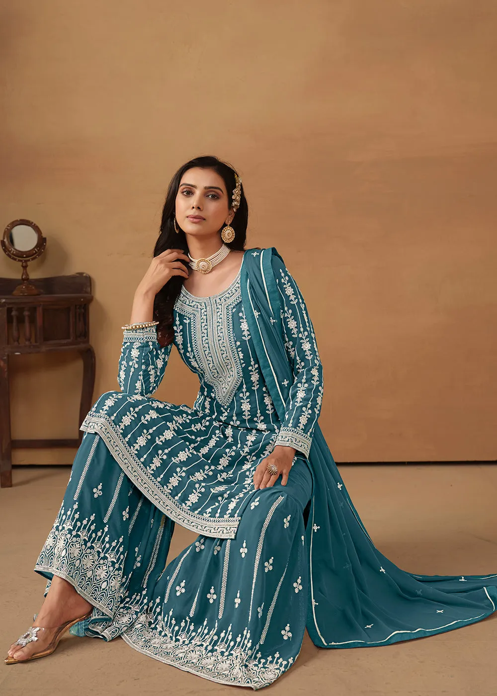 Radiant Teal Embroidered Wedding Festive Gharara Suit