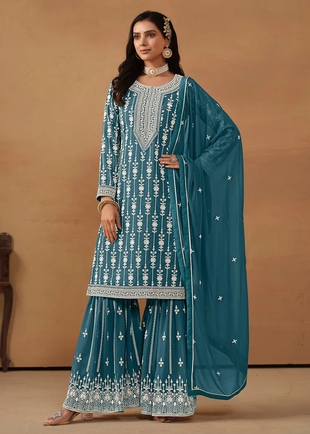 Radiant Teal Embroidered Wedding Festive Gharara Suit