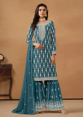 Radiant Teal Embroidered Wedding Festive Gharara Suit