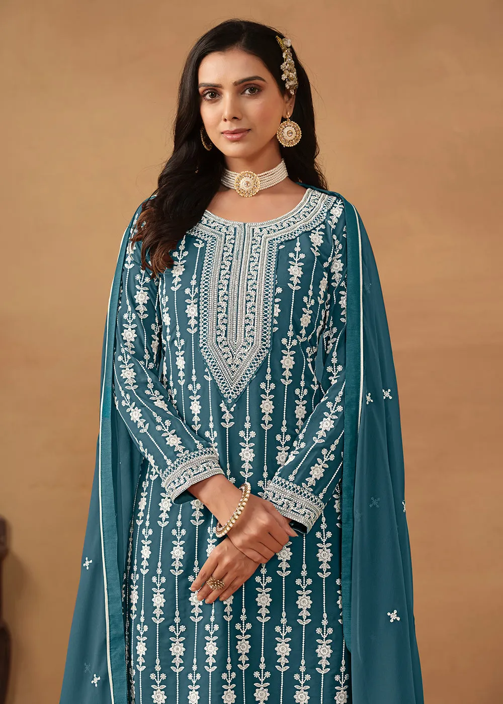 Radiant Teal Embroidered Wedding Festive Gharara Suit