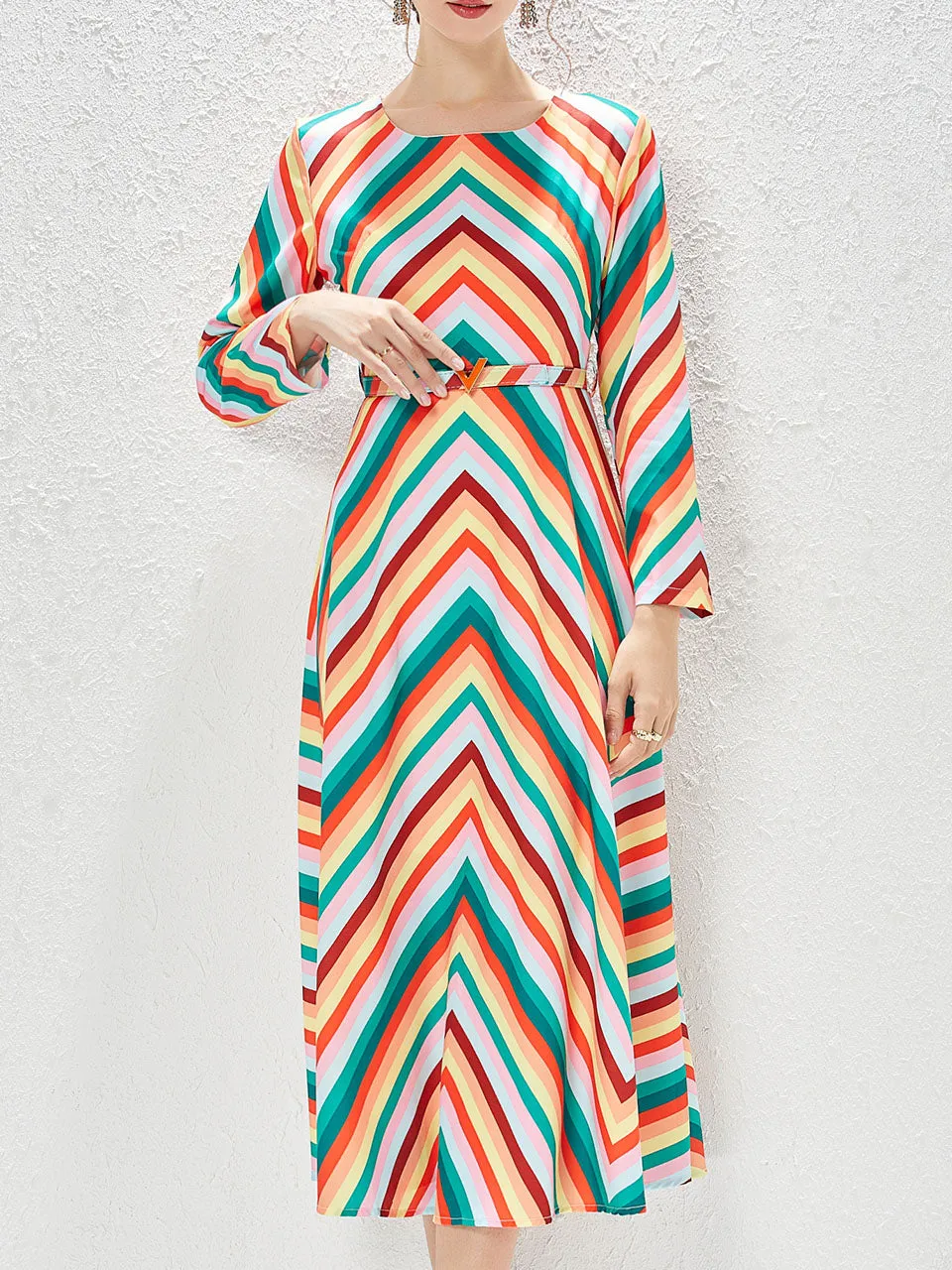 Rainbow Crew Neck Long Sleeve Bohemian Dress Maxi Dress