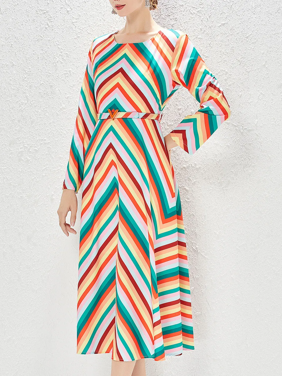 Rainbow Crew Neck Long Sleeve Bohemian Dress Maxi Dress