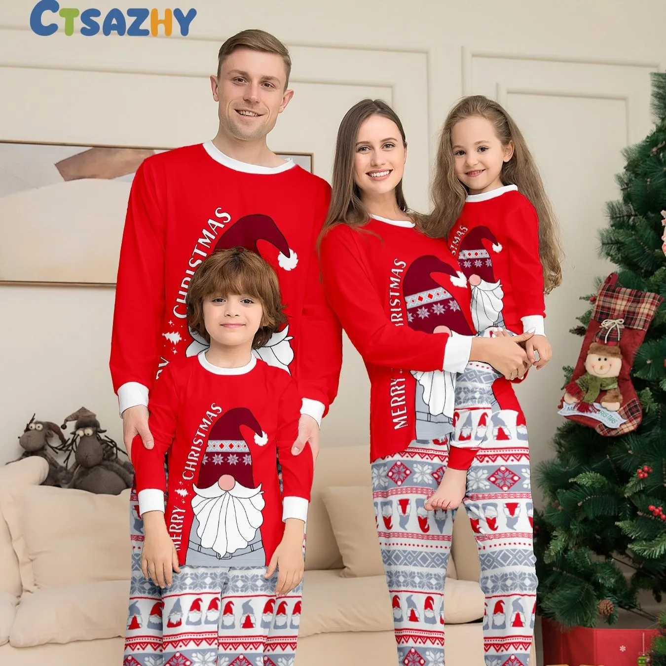 Red Santa Hat Printed Family Matching Christmas Pajamas Sets