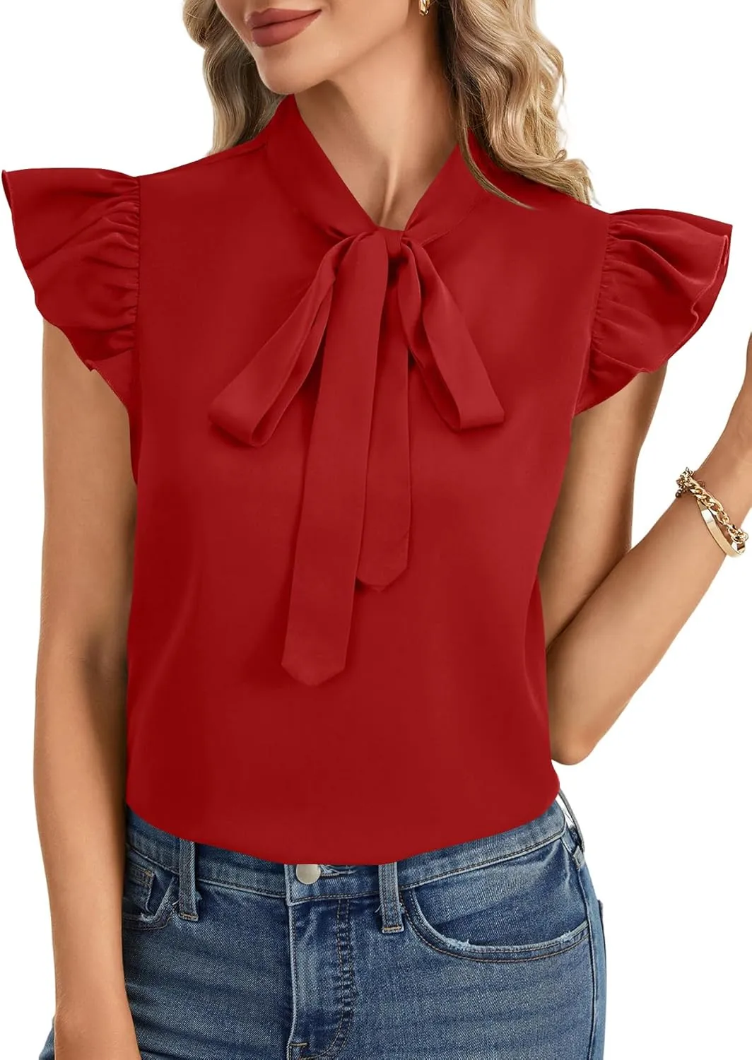 Rooscier Women's Bow Tie Neck Ruffle Cap Sleeve Elegant Office Blouse Shirt Tops
