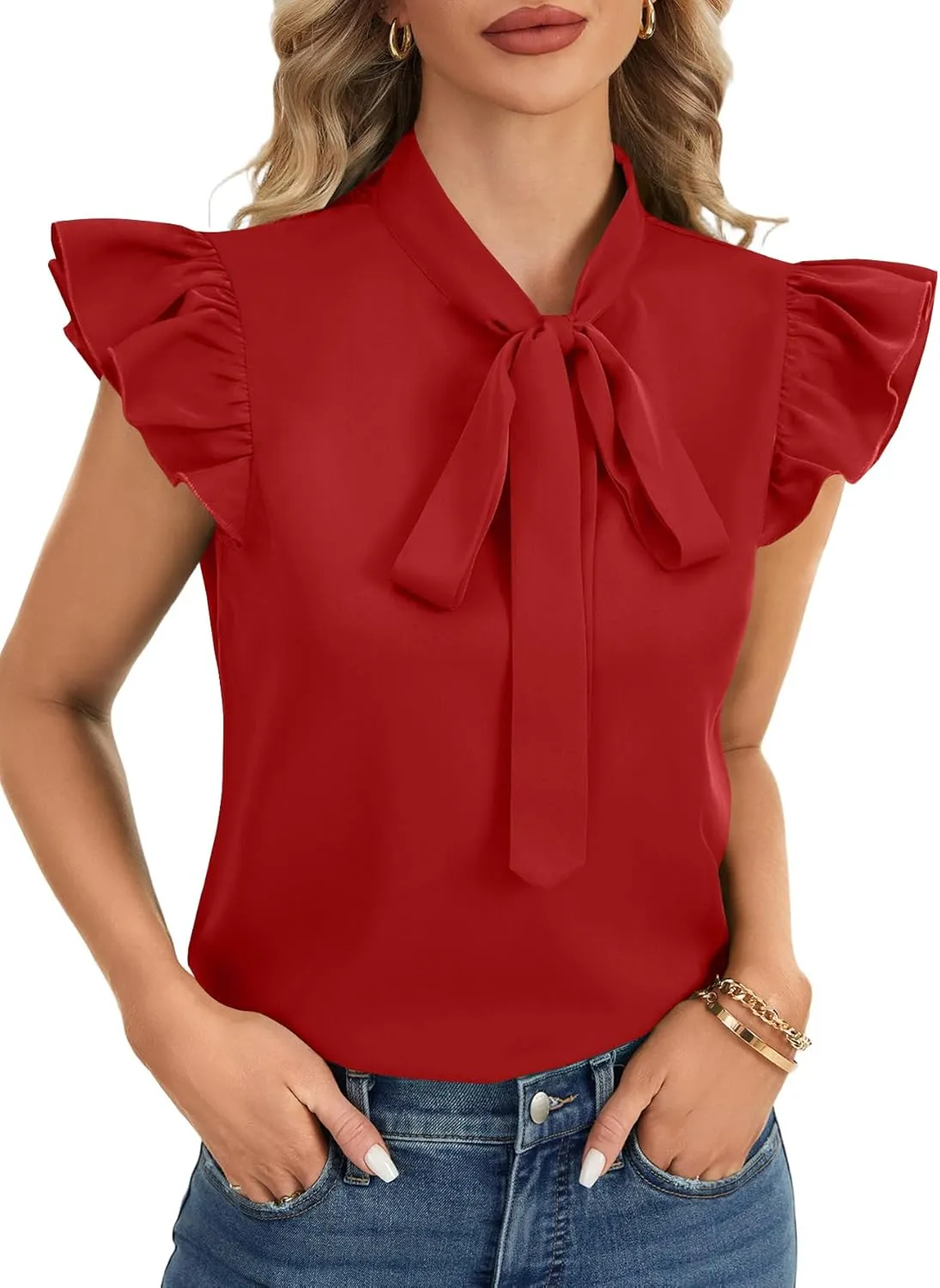 Rooscier Women's Bow Tie Neck Ruffle Cap Sleeve Elegant Office Blouse Shirt Tops