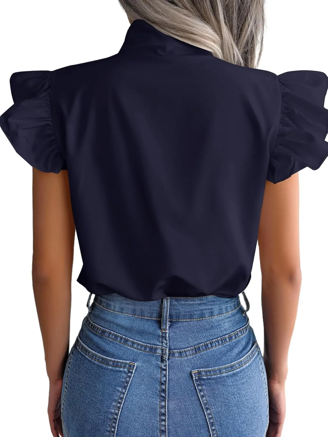 Rooscier Women's Bow Tie Neck Ruffle Cap Sleeve Elegant Office Blouse Shirt Tops